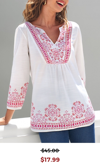Tribal Print Split Neck White Blouse