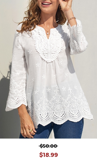 Lace Stitching White Split Neck Hollow Embroidery Blouse