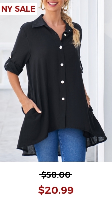 Black Roll Tab Sleeve Dip Hem Button Up Blouse