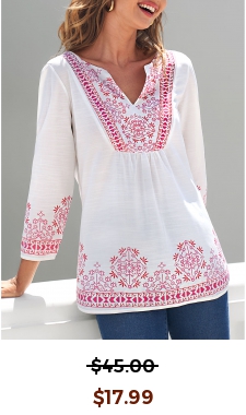 Tribal Print Split Neck White Blouse