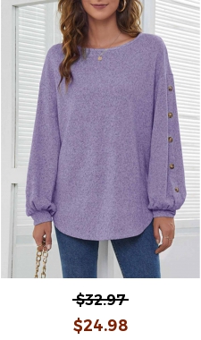 Decorative Button Long Sleeve Purple T Shirt