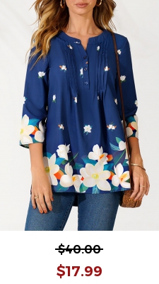 Floral Print Navy Blue Split Neck Blouse