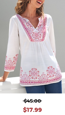 Tribal Print Split Neck White Blouse