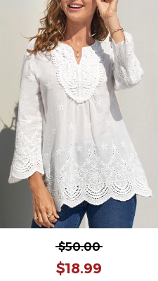 Lace Stitching White Split Neck Hollow Embroidery Blouse