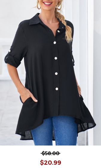 Black Roll Tab Sleeve Dip Hem Button Up Blouse