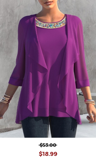 Purple Embellished Neck 3/4 Sleeve T Shirt
