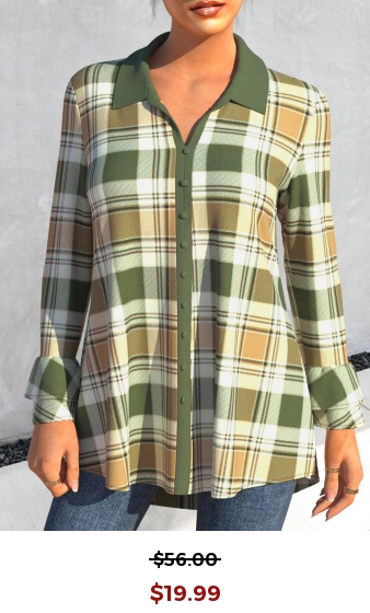 Plaid Turndown Collar Green Long Sleeve Blouse
