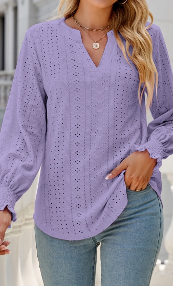 Neon Violet Breathable Long Sleeve Split Neck Blouse