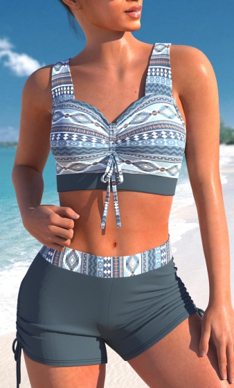 Criss Cross Tribal Print Dusty Blue Bikini Top