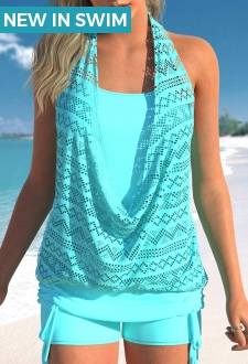 Lace Cyan Tie Side Tankini Top