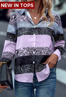 Light Purple Button Long Sleeve Shirt Collar Blouse