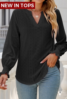 Black Breathable Long Sleeve Split Neck Blouse