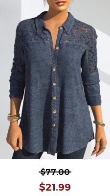 Denim Lace Stitching Blue Button Up Blouse