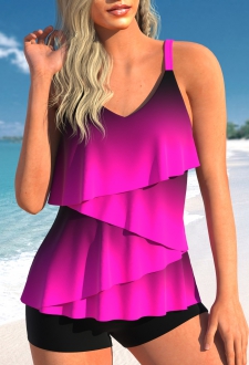 Asymmetry Ombre Neon Rose Red Tankini Top