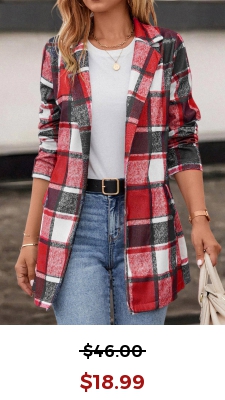 Red Pocket Plaid Long Sleeve Lapel Coat