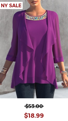 Purple Embellished Neck 3/4 Sleeve T Shirt