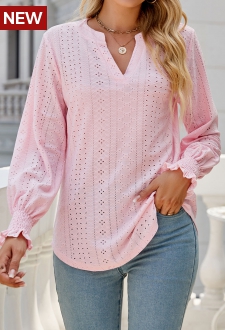 Light Pink Breathable Long Sleeve Split Neck Blouse