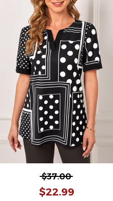 Polka Dot Geometric Print Split Neck Black T Shirt