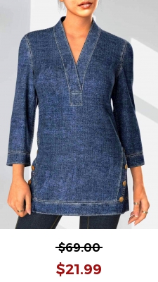 Decorative Button V Neck Denim Blue Blouse