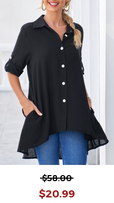 Black Roll Tab Sleeve Dip Hem Button Up Blouse