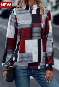 Deep Red Zipper Geometric Print Long Sleeve Sweatshirt