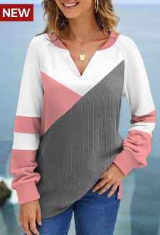 Pink Patchwork Long Sleeve V Neck Sweatshirt