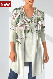 Sage Green Floral Print Long Sleeve Cardigan and Tank Top