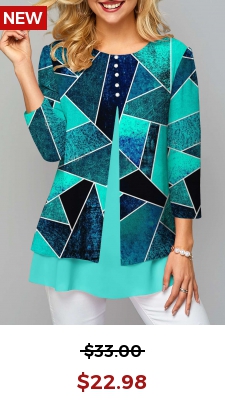Cyan Layered Round Neck Geometric Print Blouse