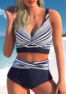 Criss Cross Striped Navy Bikini Top