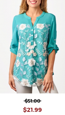 Mesh Stitching Split Neck Embroidered Cyan Blouse