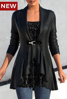 Black Ruffle Long Sleeve Leather Buckle Jacket