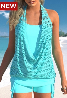 Lace Cyan Tie Side Tankini Top