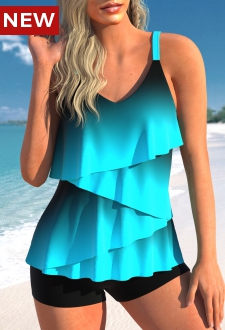Layered Hem Ombre Cyan Tankini Top