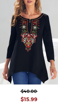Tribal Print Black Asymmetric Hem T Shirt