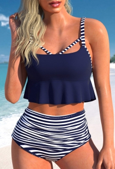 Cut Out Striped Navy Bikini Top