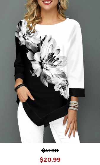 Asymmetric Hem Flower Print Three Quarter Sleeve T Shirt