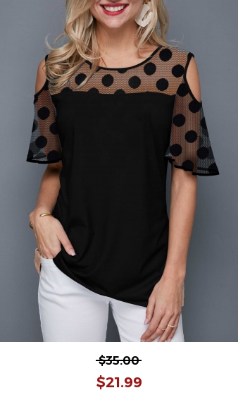 Polka Dot Cold Shoulder Round Neck T Shirt