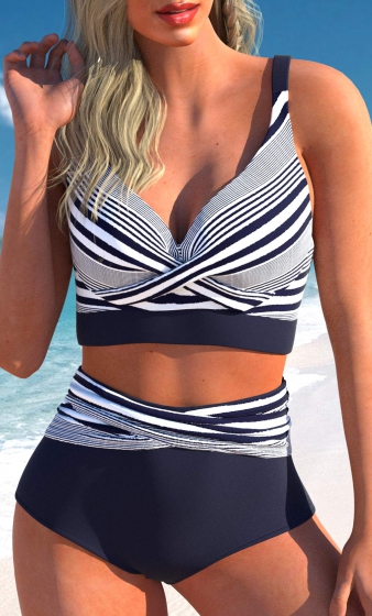 Criss Cross Striped Navy Bikini Top