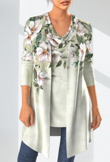 Sage Green Floral Print Long Sleeve Cardigan and Tank Top