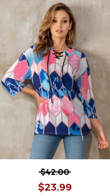 Lace Up Geometric Print 3/4 Sleeve T Shirt