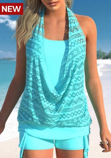 Lace Cyan Tie Side Tankini Top