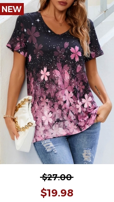 Floral Print Pink V Neck T Shirt