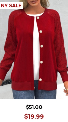 Red Lace Panel Button Up Round Neck Cardigan