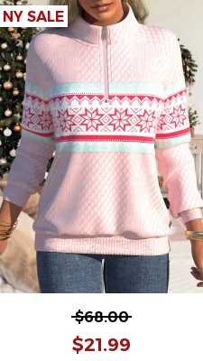 Light Pink Zipper Snowflake Print Long Sleeve Sweatshirt