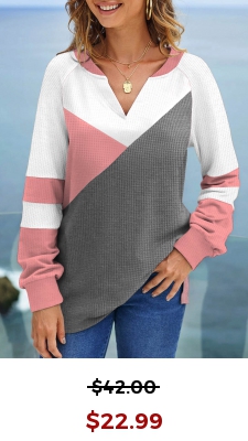 Pink Patchwork Long Sleeve V Neck Sweatshirt