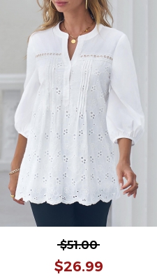 Embroidered Hollow Out Split Neck White Blouse