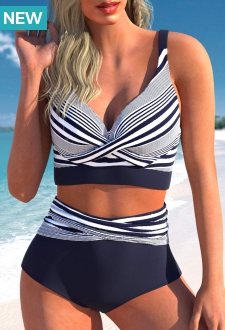 Criss Cross Striped Navy Bikini Top