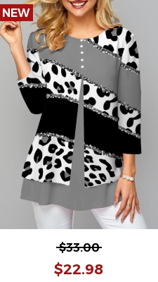 Black Fake 2in1 Round Neck Leopard Blouse