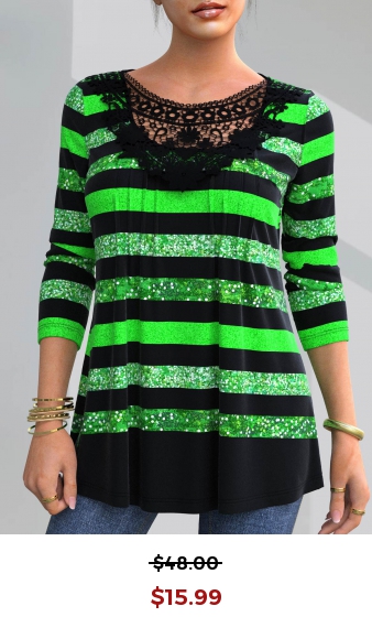 Lace Patchwork Striped Patricks Day Black T Shirt