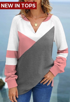 Pink Patchwork Long Sleeve V Neck Sweatshirt